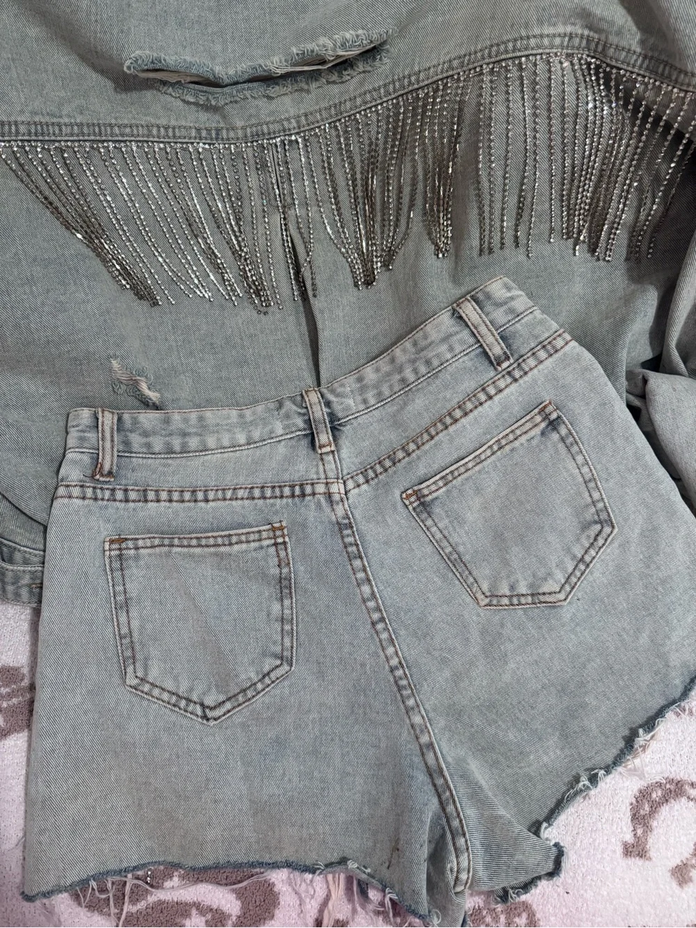 Denim Fringe Crop Jacket with Matching Shorts Set - distressed denim